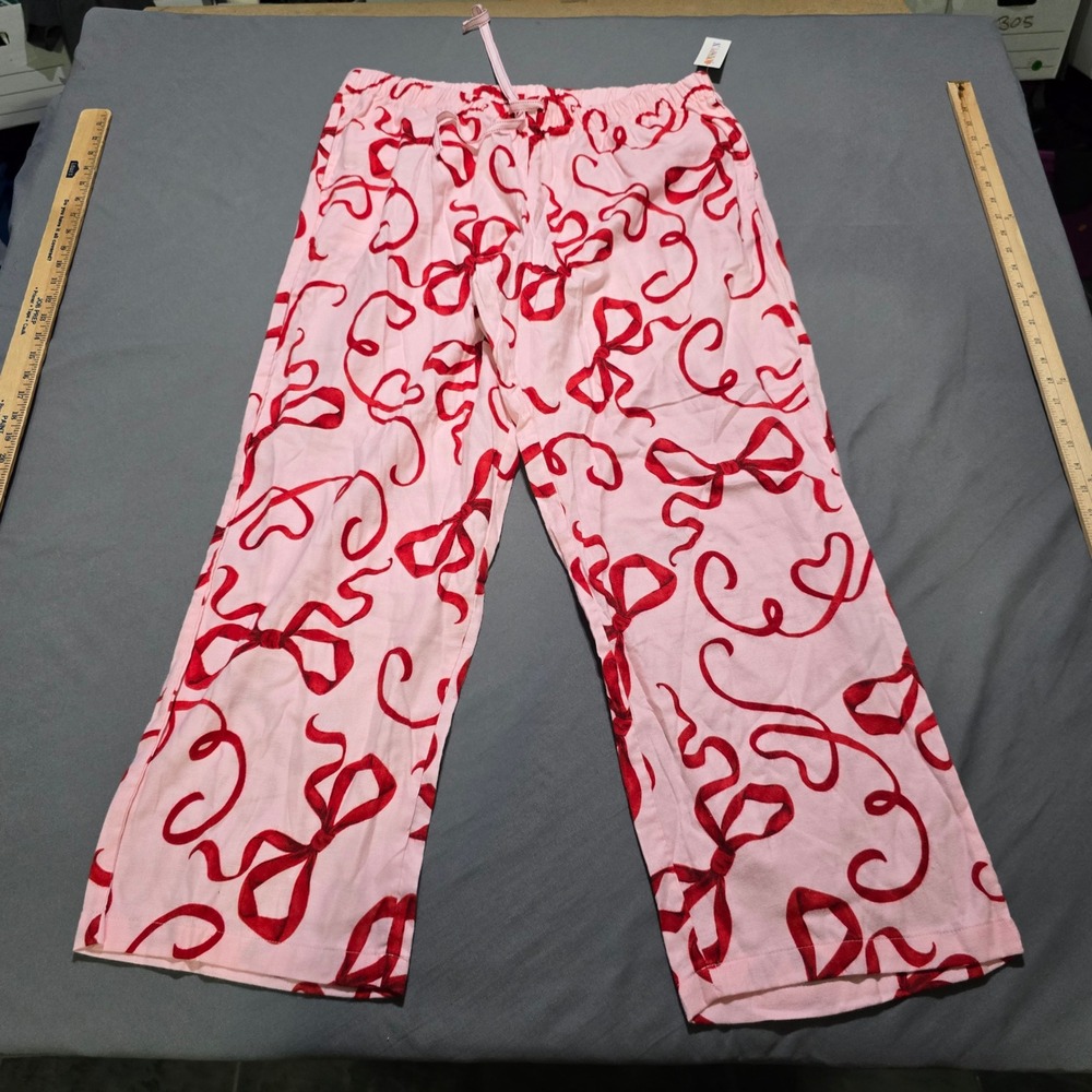 Joyspun Pajama Pants Womens XL 16-18 Pink Red Bow Heart Drawstring Wide Leg
